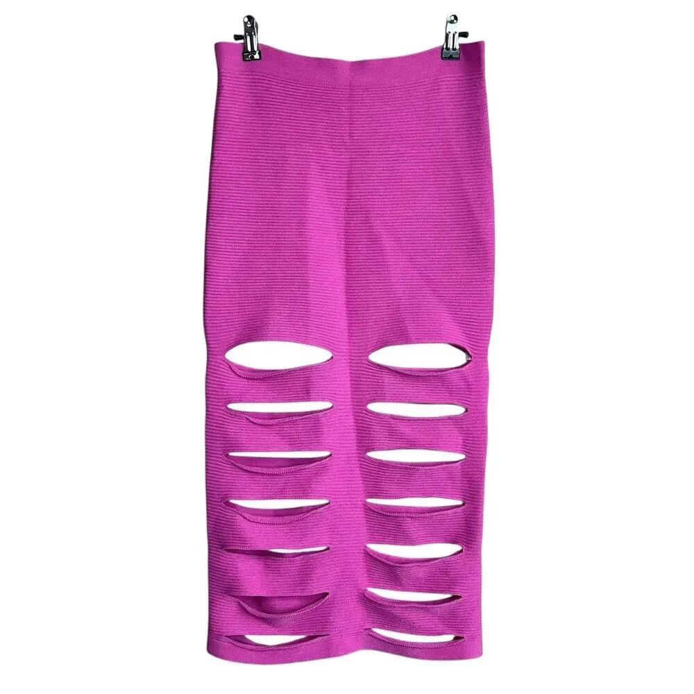 Cushnie et Ochs Pink Ribbed Knit Slash Slit Skirt Size Medium Womens Midi Pullon - Picture 2 of 7
